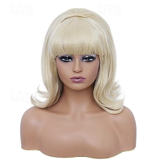 Vintage krátká vlnitá paruka s ofinou retro bouffant včelí úl paruky vhodná na kostým nebo karnevalovou párty v 60. a 70. letech paruky na Halloween 2025 - $19.49 –P2