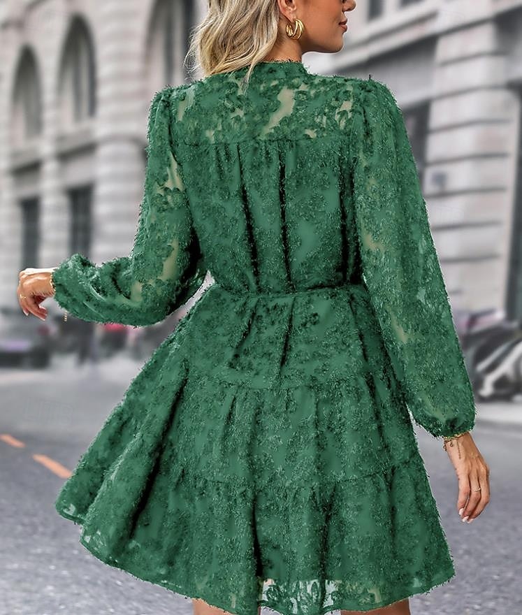 Per donna Abito semplice Vestito longuette Pizzo Pulsante Vintage Informale Colletto Manica lunga Nero Bianco Verde Colore del 2025 a $41.99 –P12