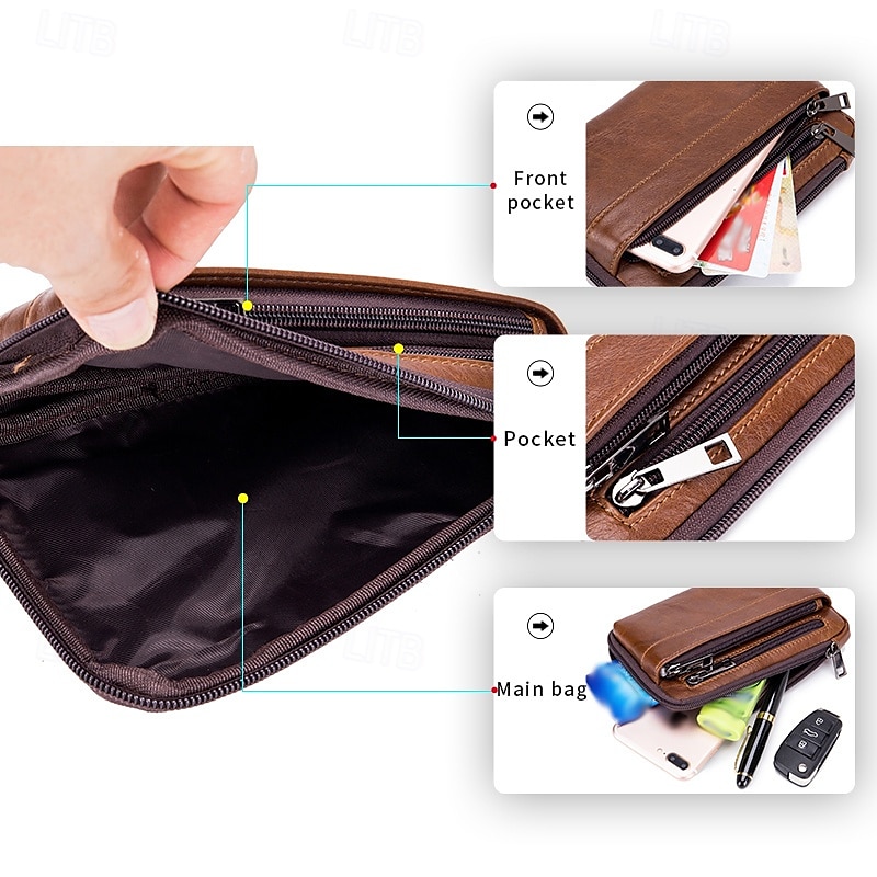 Sleek Brown Leather Vertical Sling Bag - Compact Men's Crossbody Bag with Multiple Zippered Pockets, Ideal for Daily Use and Travel 2025 - $29.99 –P5