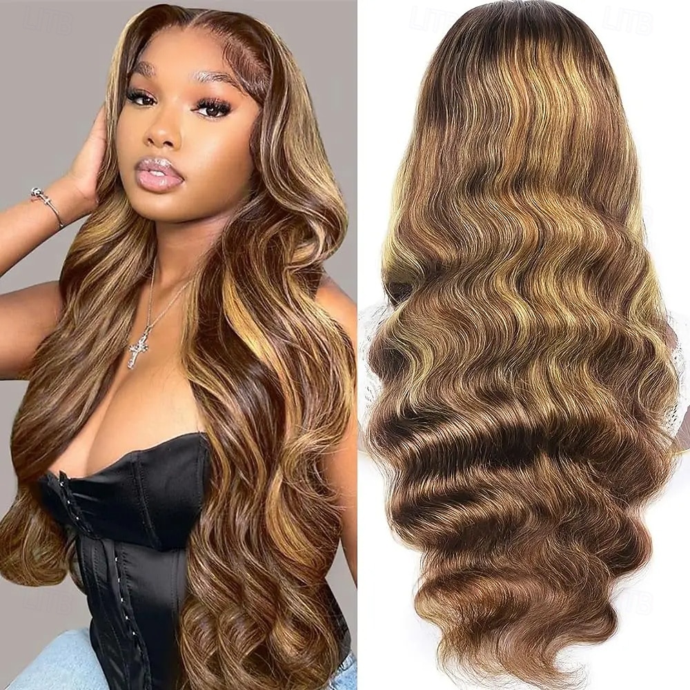 Ekte remy-hår 13x4 blonder foran Parykk Gratis del Brasiliansk hår Krop Bølge Flerfarvet Parykk 150% Hair Tetthet med baby hår limfrie Pre-Plucked Til parykker for svarte kvinner Lang Blondeparykker 2026 - $238.69 –P3
