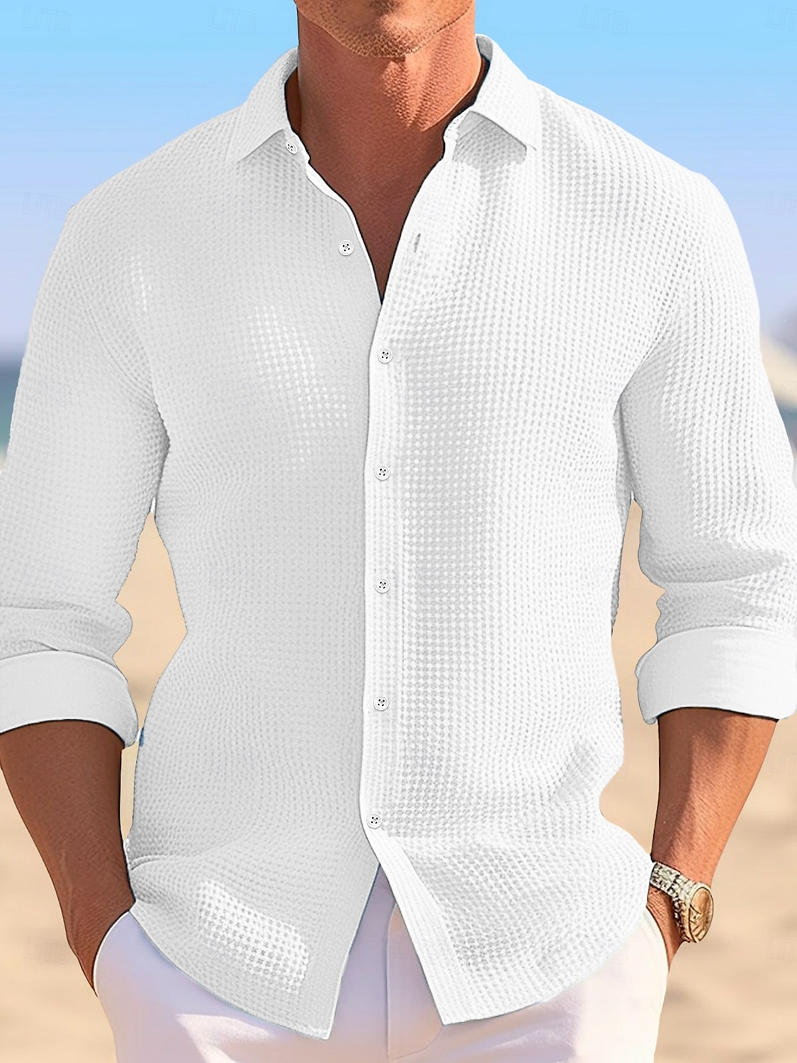 Men's Shirt Waffle Shirt Summer Shirt Casual Shirt Button Up Shirt Untucked Shirts Black White khaki Light Blue Long Sleeve Plain Lapel Vacation Daily Clothing Apparel Cotton Fashion Casual 2025 - $25.99 –P5