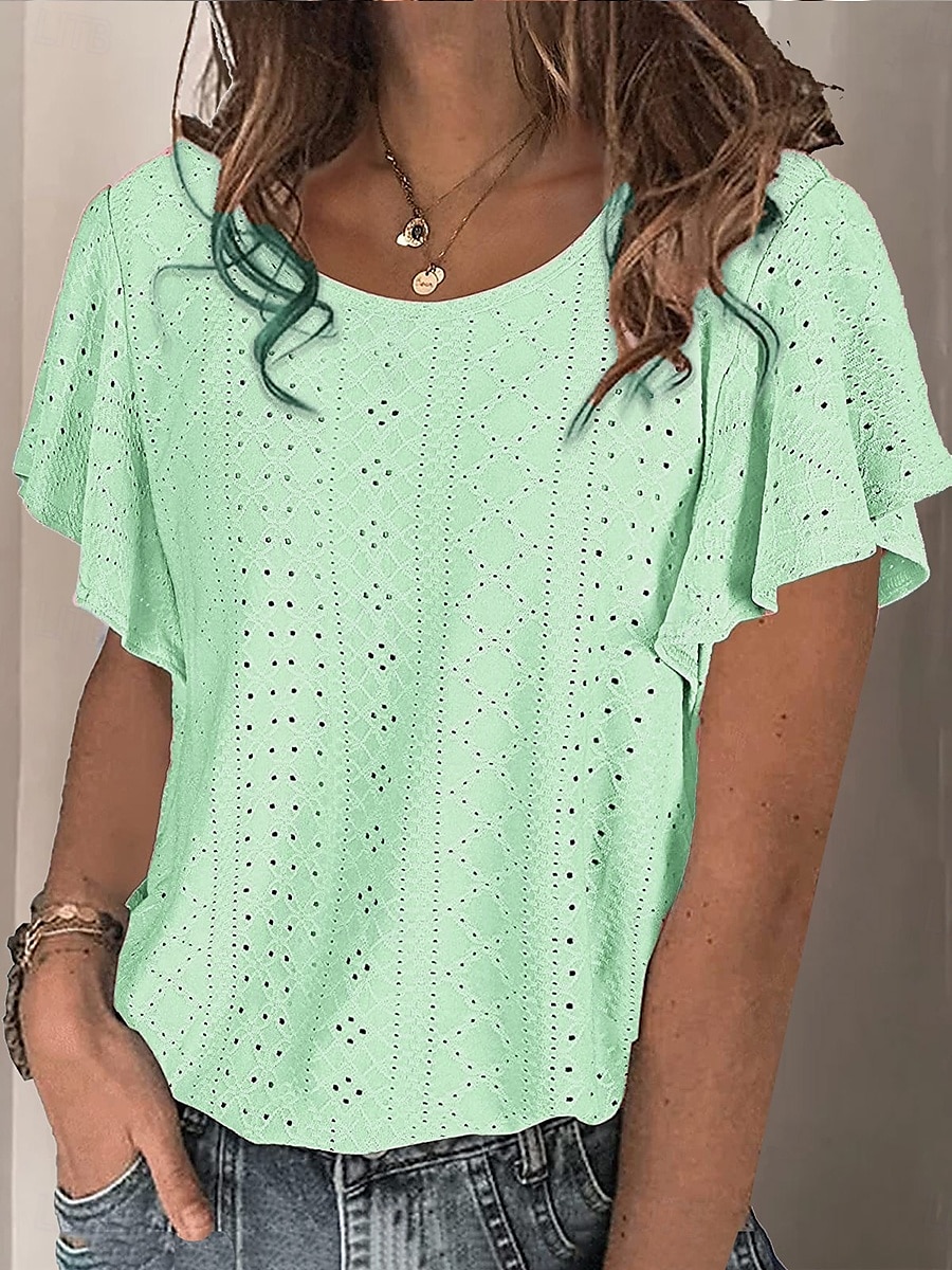 Tops en dentelle élégants pour femmes Blouse en œillets blanche stylée décontractée unie à manches courtes à col crew régulières quotidienne romantiques tailles petites à porter pendant les vacances de 2025 ? $25.99 –P2