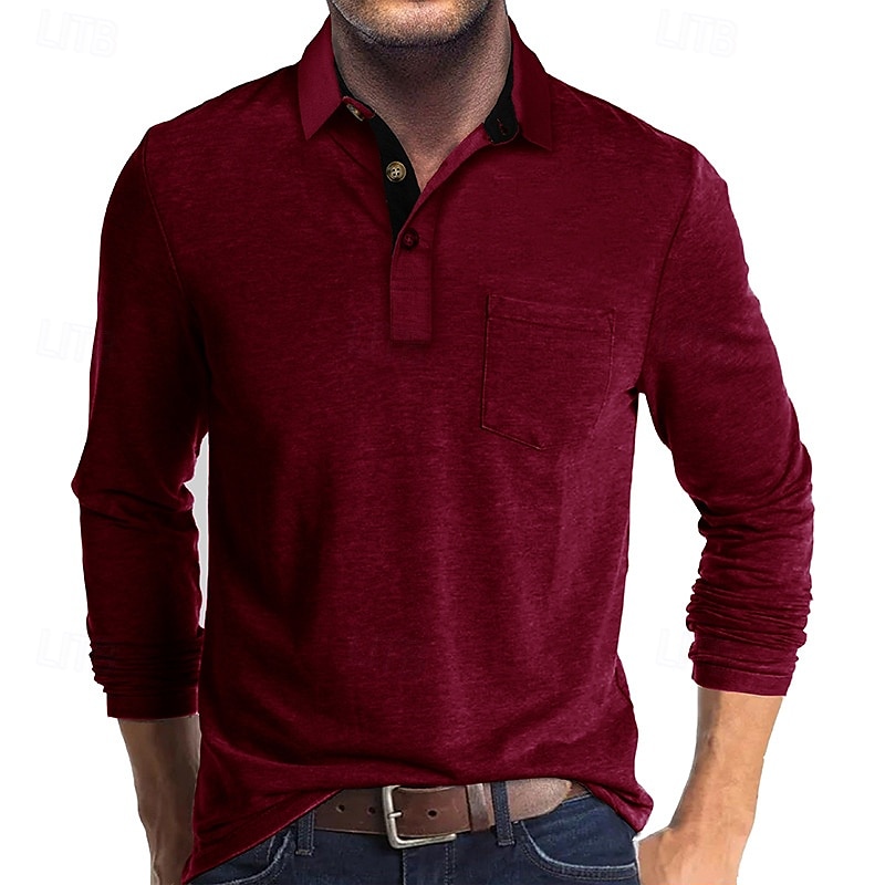 Herr Golftröja golfpolo Arbete Ledigt Kavajslag Långärmad Grundläggande Modern Ensfärgat Knapp Ficka Vår & Höst Normal Vin Aprikos Svart Vit Mörkröd Gul Golftröja 2025 - $21.99 –P19