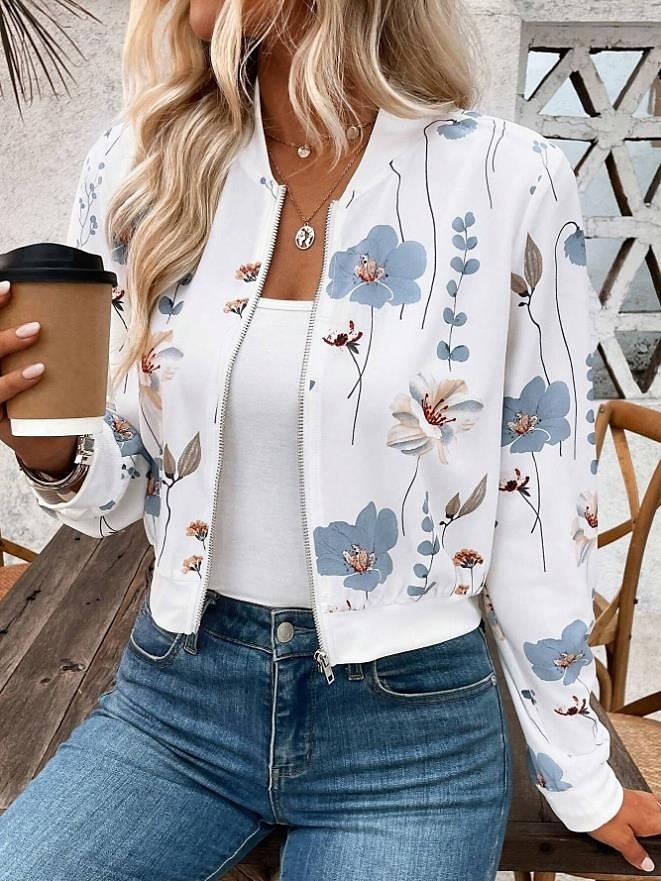 Damen Jacke Party Zip Blumen Windundurchlässig Modisch Regular Fit Oberbekleidung Langarm Herbst Weiß S 2025 - $38.99 –P3