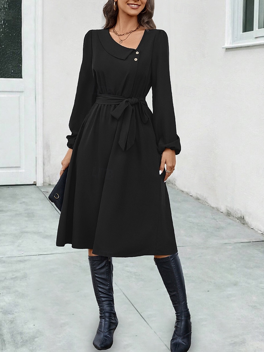 Elegantes Midikleid für Damen in Dunkelgrün, lange Ärmel, mit Gürtel, V-Ausschnitt, Knopfdetail, lässige A-Linie, fließend, vielseitig einsetzbar, Herbst/Frühlings-Kleidung 2025 - $39.99 –P2