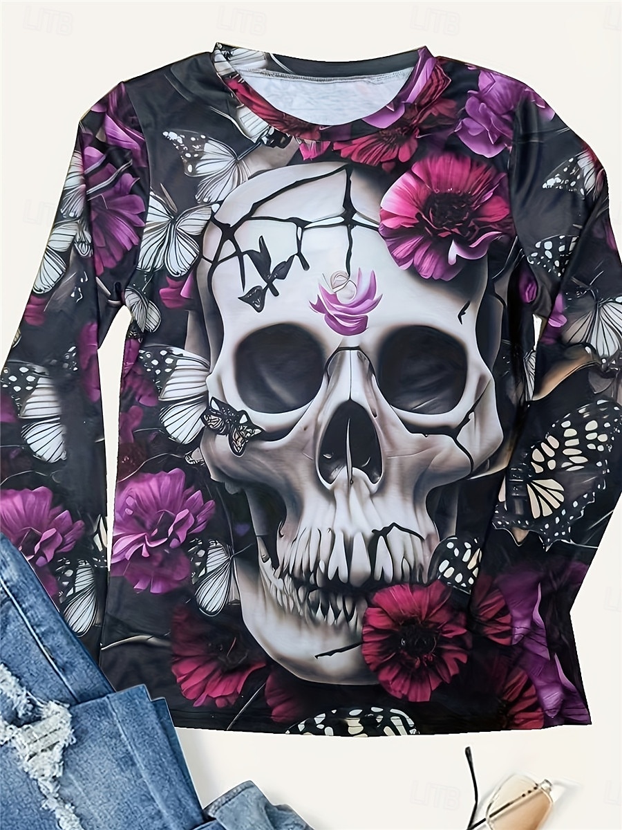 Γυναικείο T-Shirt Σκελετούς Μακρυμάνικο Crew Neck Μακρυμάνικη Τουνίκ Τύπωμα Μωβ Άνοιξη Φθινόπωρο Προ Ανάσταση 2026 - $24.99 –P2