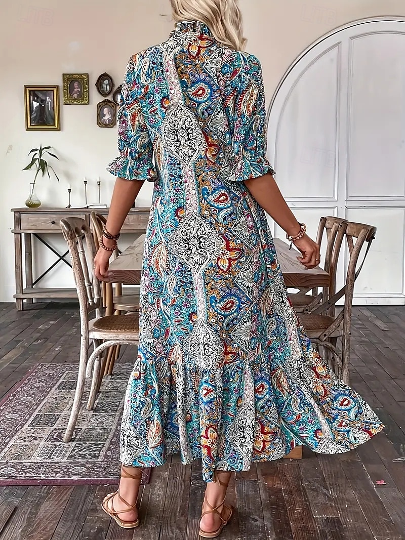 Dámské Maxi šaty Volnočasové šaty Boho šaty stylové Na běžné nošení Denní Volný Grafika Dlouhý rukáv Do V Vodní modrá Jaro Podzim 2025 - $27.99 –P2