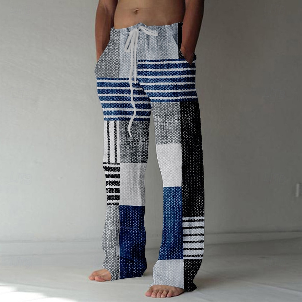 Men's Casual Pants Pocket Drawstring Straight Leg Geometric Color Block Patchwork Vacation Casual Pink Red Inelastic 2025 - $25.99 –P4