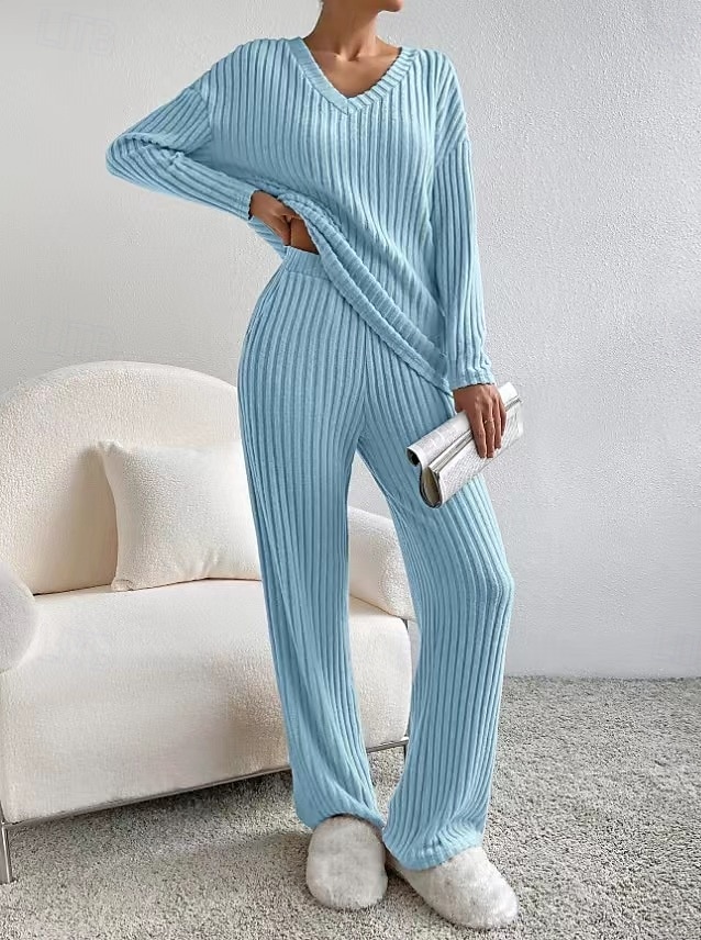 Women's Loungewear Pajama Set Simple Home V Neck Long Sleeve Pullover Pant Spring Fall Black Blue Home Outfits 2025 - $33.99 –P9