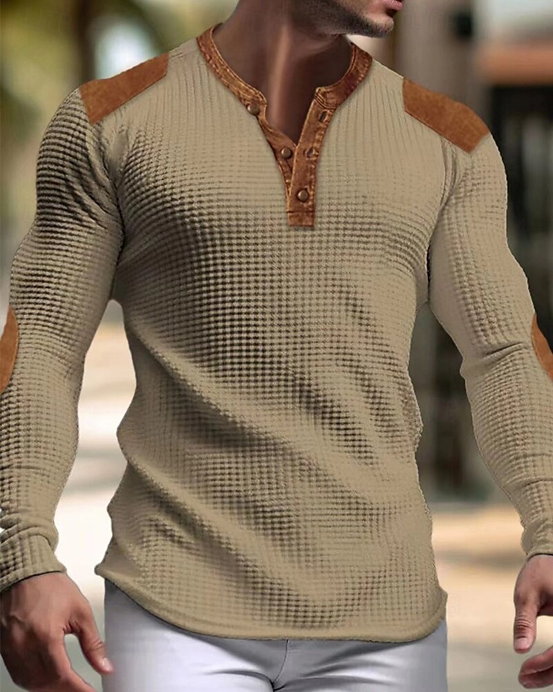 Men's Button T Shirt T Shirt Waffle Henley Shirt Henley Shirt Long Sleeve Henley Spring &  Fall Color Block Fashion Designer Basic Patchwork Vacation Street Going out Black White Navy Blue Top Tee 2025 - $19.99 –P3