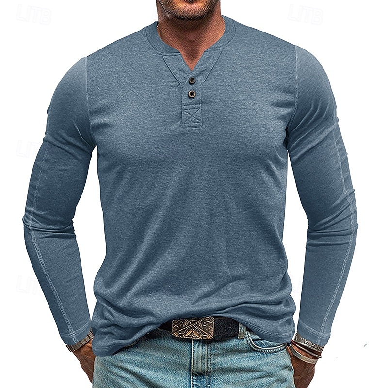 Herren T-Shirt mit Knöpfen T Shirt Henley Hemd T-Shirt Langarm Henley Frühling & Herbst Einfach Mode Designer Basic Urlaub Straße Ausgehen Meerblau Wein Blau Top T-Shirt für Herren 2025 - $26.99 –P4
