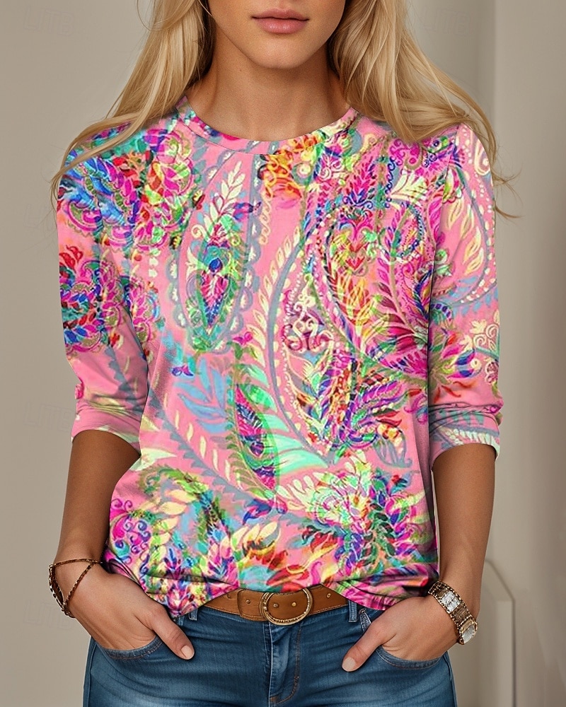Dame Tunika T Skjorte Mote Casual Print Lang erme Vanlige topper Crew Neck Daglig Rosa Vår Høst 2025 - $22.99 –P1