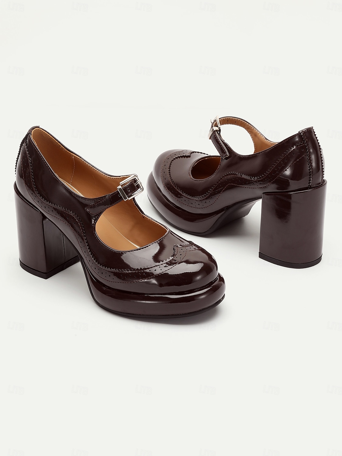 Women's Brown Patent Leather Mary Jane Block Heel Pumps with Brogue Detailing - Vintage-Inspired Dress Shoes for Office and Evening Wear 2025 - $59.99 –P1