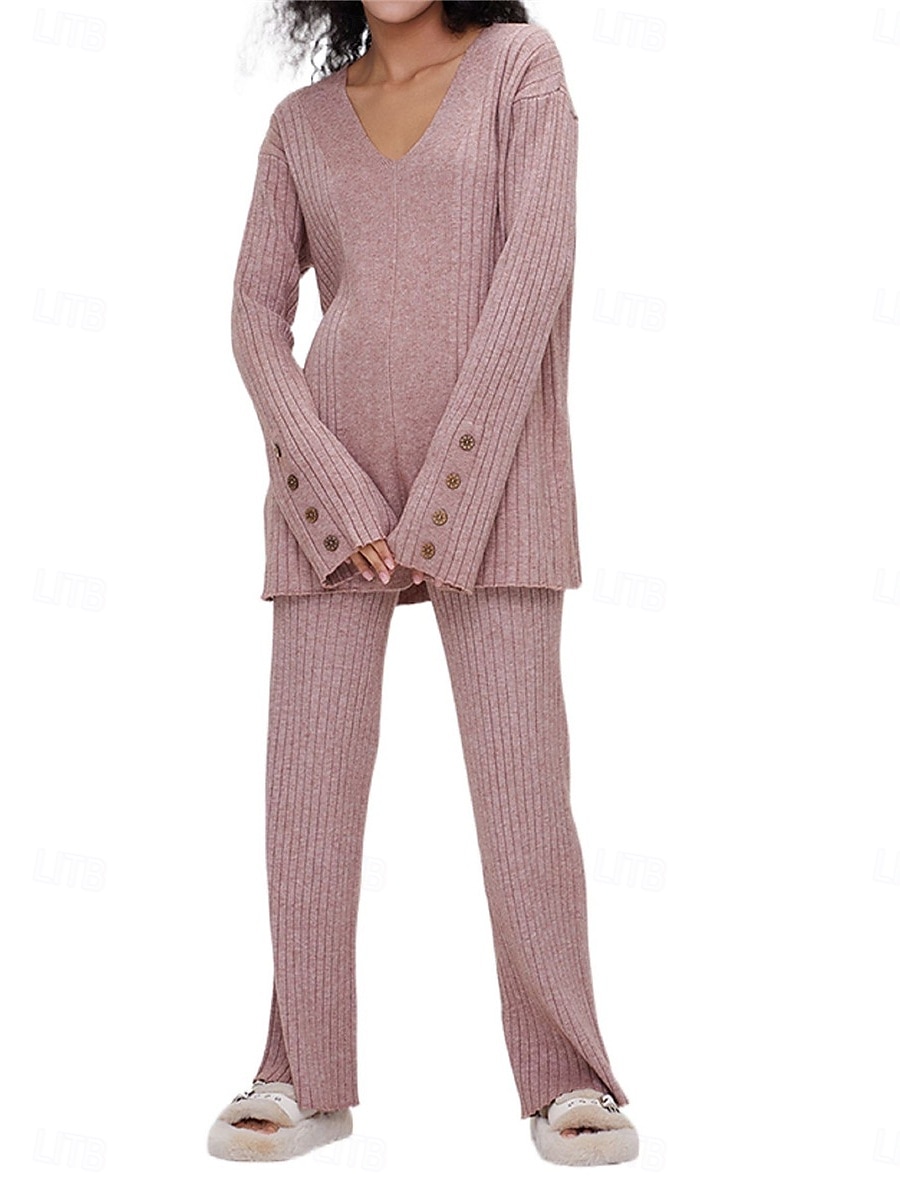 pyjamasset för kvinnor ren färg mode grundläggande komfort hem daglig säng stickad andas v wire långärmad tröja byxknapp resår midja höst vinter hem outfits 2025 - $52.99 –P6