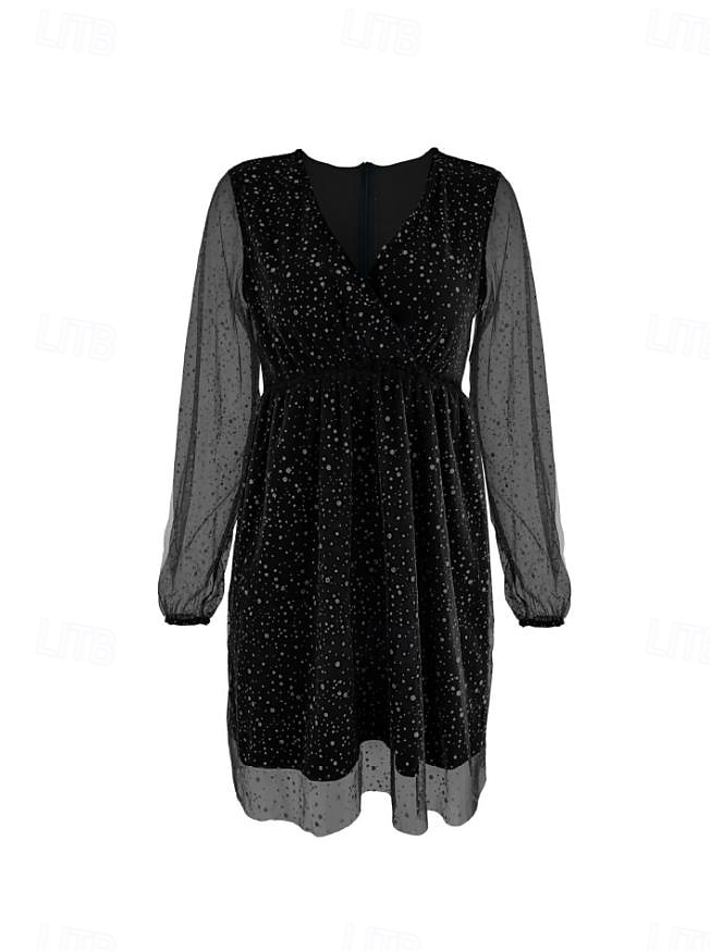 Dames Zwarte jurk Halflange jurk Pailletten Netstof Casual Elegante jurk V-hals Lange mouw Zwart Kleur 2025 - $39.99 –P3