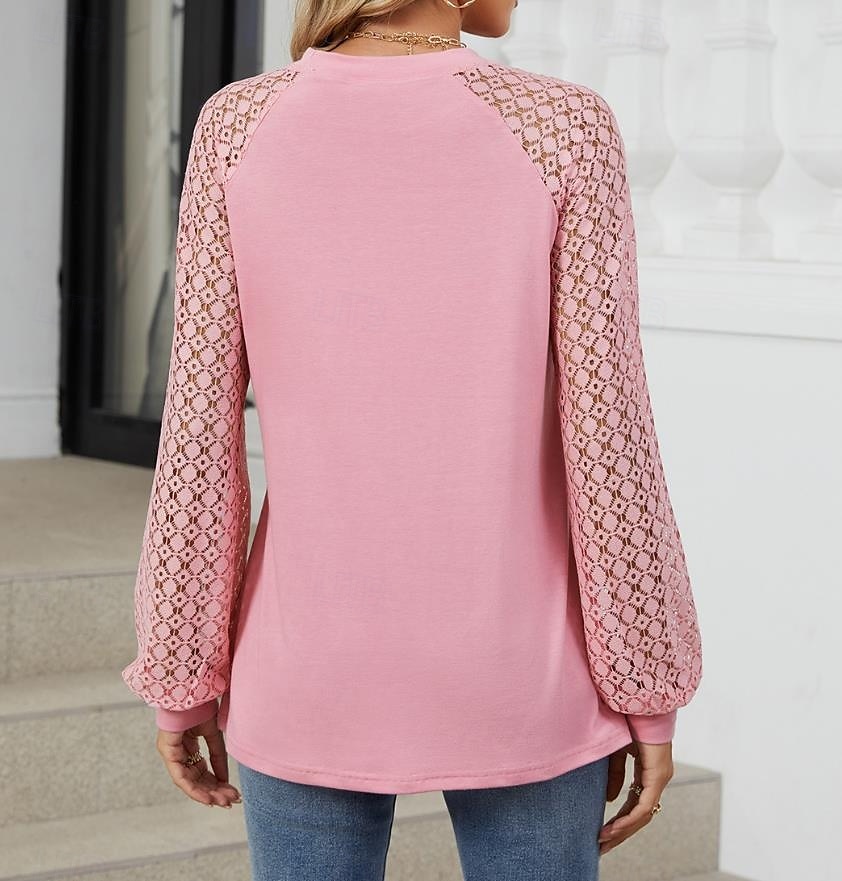 Women's White Elegant Lace Tops Eyelet Blouse Fashion Casual Lace Mesh Long Sleeve Regular Tops Crew Neck Daily Romantic Petite Tops Summer Holiday Wear Black White Pink Blue Summer Spring Fall 2025 - $32.99 –P6