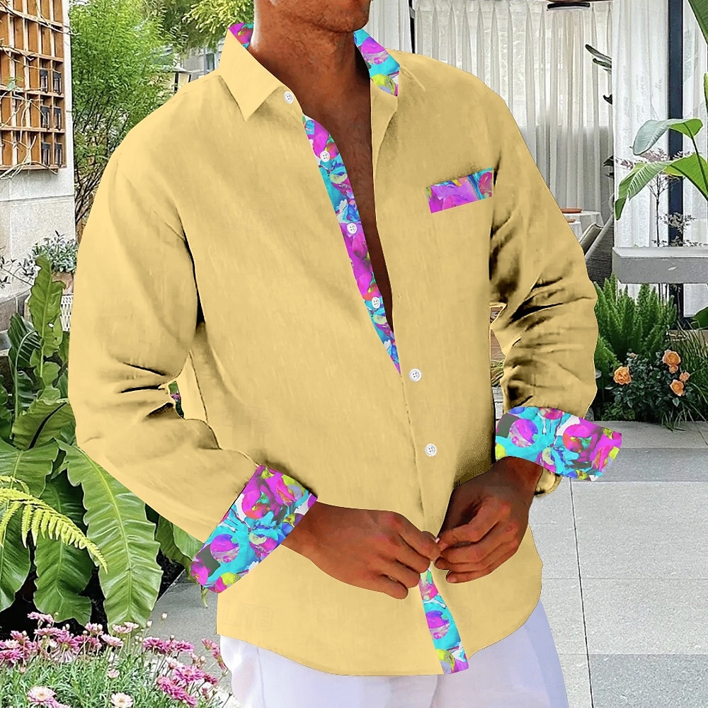 Herren Blumen Tropische Blumen Strandhemd Hawaiihemd Sommerhemd Knopfhemd Langarm Hemd Hemden mit Kragen Hawaiianisch Urlaub Täglich Weiß Gelb Blau S M L 2025 - $26.99 –P2