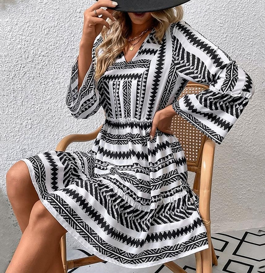 abito midi da donna con stampa geometrica e scollo a V, manica a 3/4, primavera autunno del 2025 a $39.99 –P5