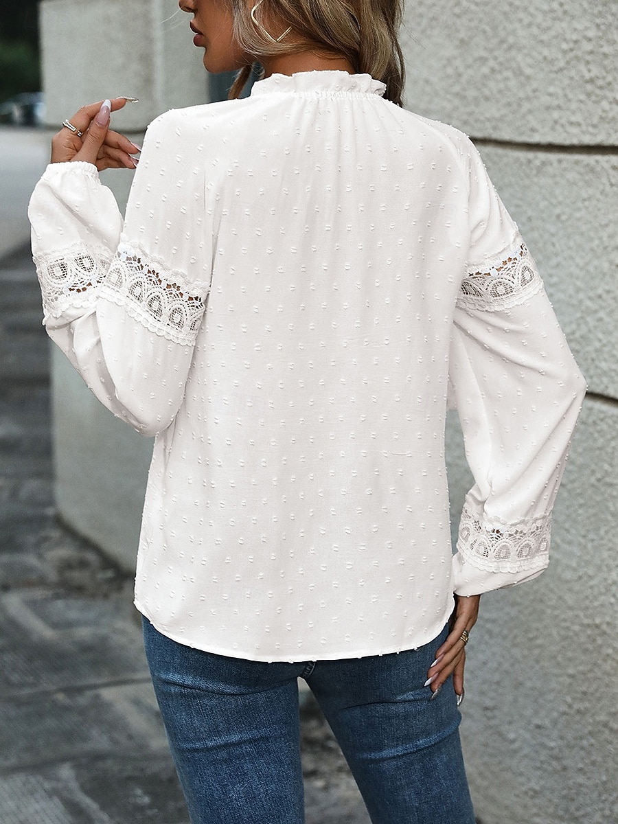 Top in pizzo elegante bianco da donna blusa all'uncinetto casual colore solido con lacci frontali maniche lunghe top regolari scollo a V abbigliamento quotidiano romantico top petite estivi per del 2025 a $26.99 –P5