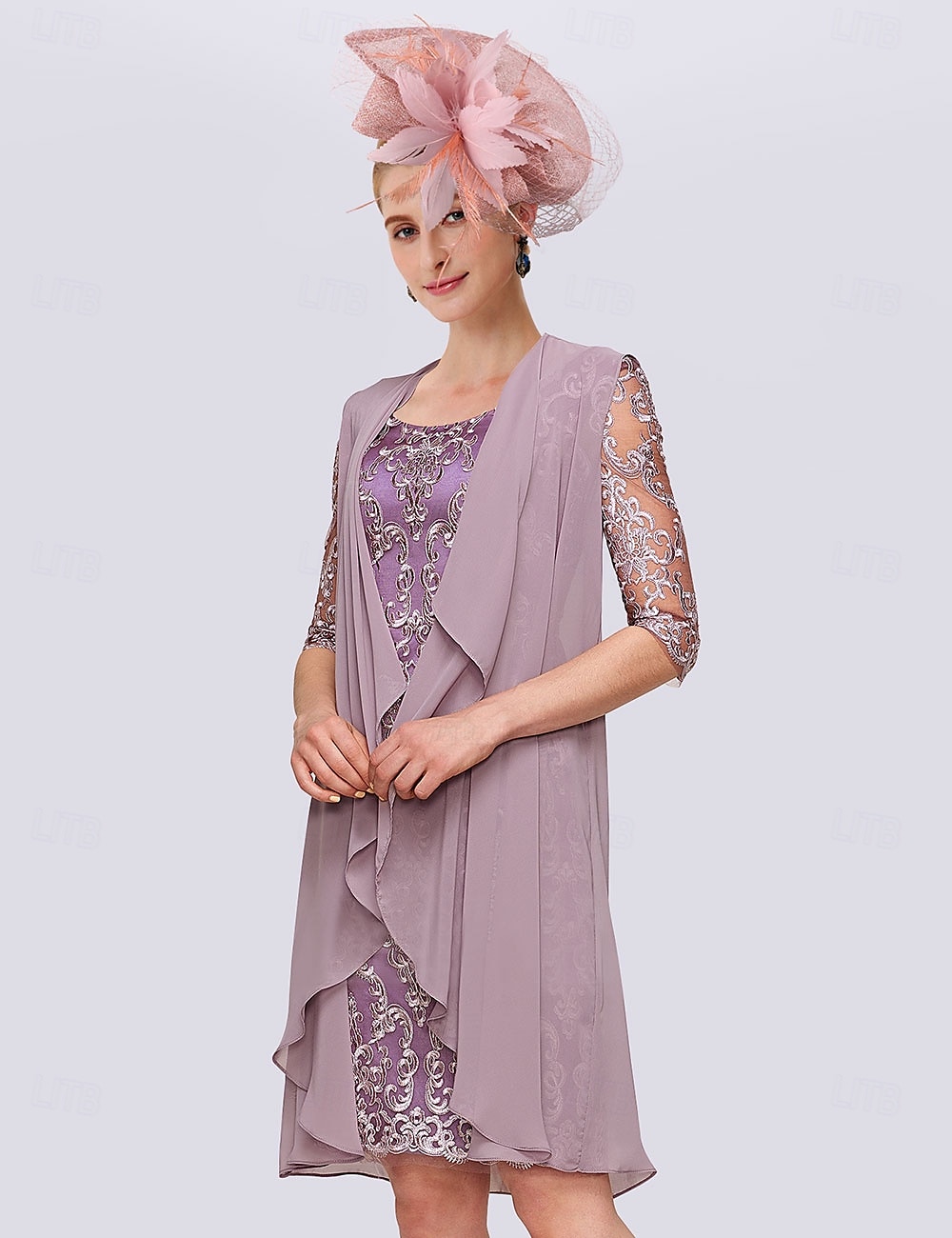 Two Piece Sheath Mother of the Bride Dress Elegant Jewel Neck Knee Length Chiffon Lace Half Sleeve Wrap Included Jacket Dresses with Lace free custom size 2025 - $168.99 –P5