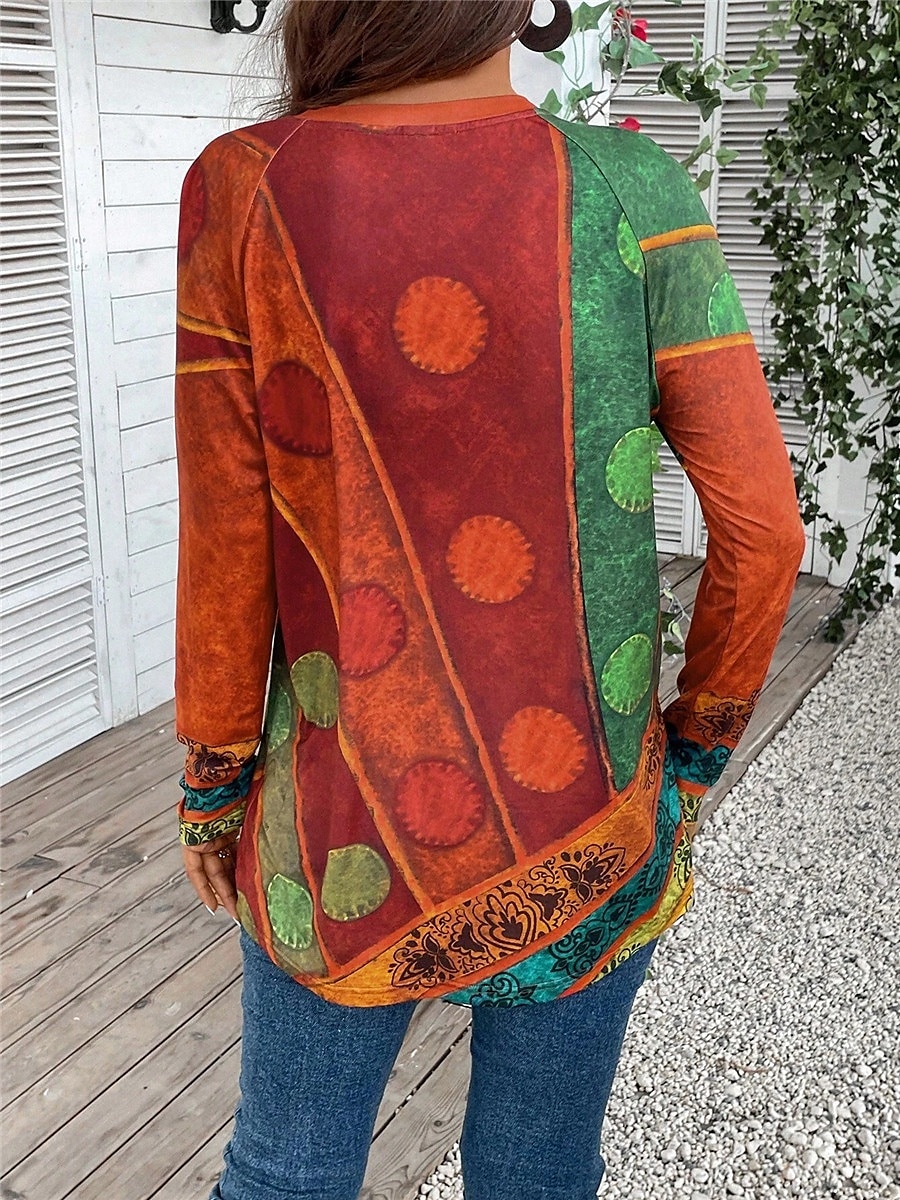 تي شيرت نسائي بأكمام طويلة، عتيق، إيثني، غير رسمي، طباعة، بأكمام طويلة، قمصان طويلة، رقبة دائرية، تصميم يومي، أحمر، بنفسجي، أخضر، خريف، شتاء، مسبق 2025 - $11.49 –P2