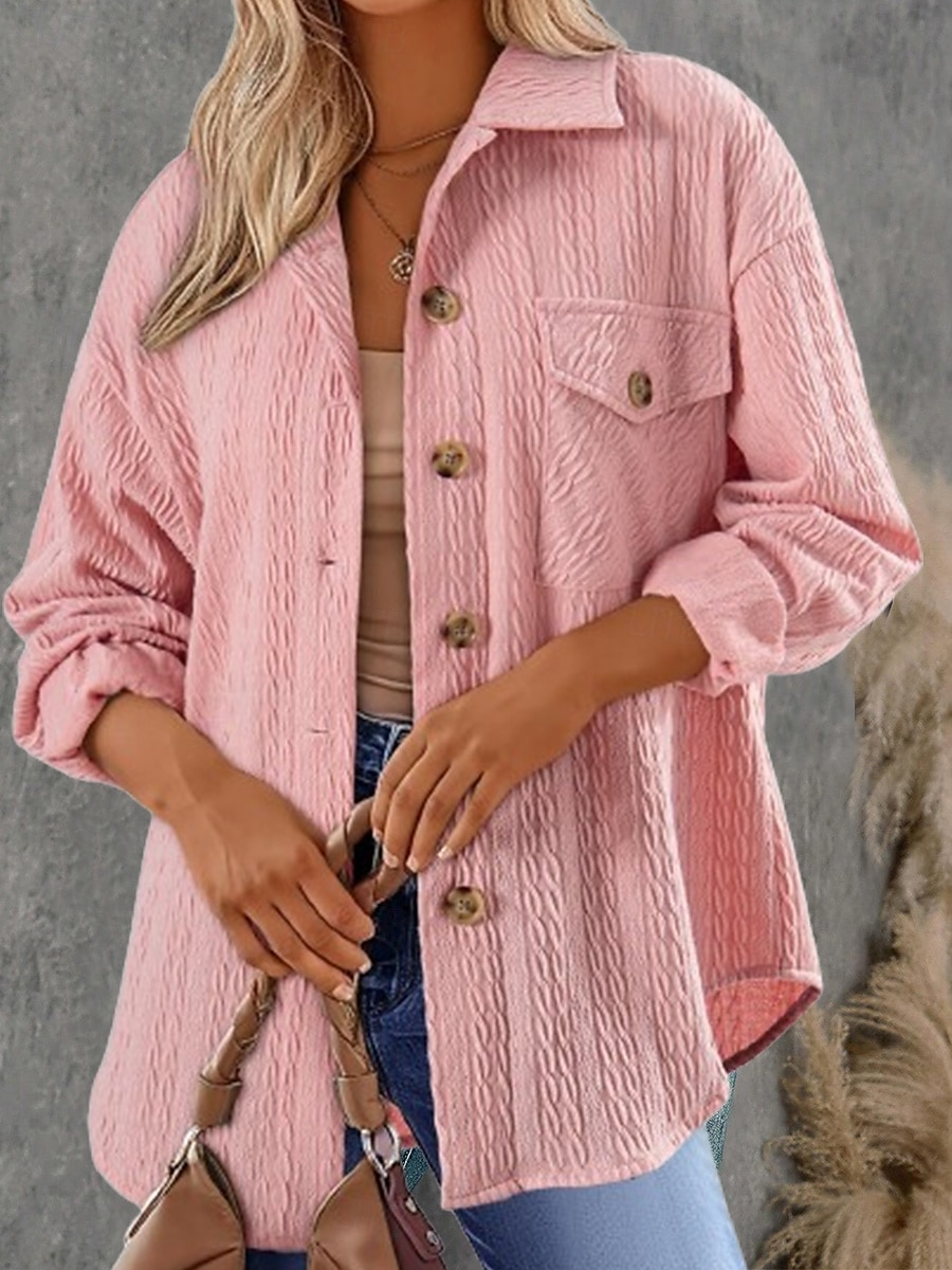Mujer Vacaciones Botón Color sólido Transpirable Moda Holgado Ropa de calle Manga Larga Primavera Rosa S 2025 - $13.99 –P1