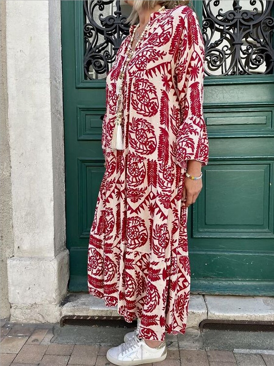 Dámské Maxi šaty Boho šaty Elegantní stylové Dovolená Denní Běžný Grafika Dlouhý rukáv Košilový límec Rubínově červená Vodní modrá Trávová zelená Léto Jaro Podzim 2025 - $30.99 –P4