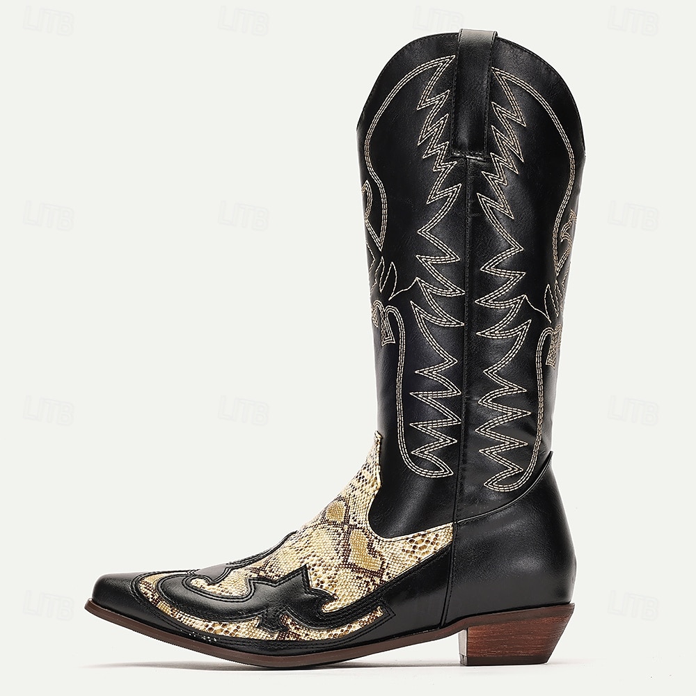 Men's Black and Snake Print Western Cowboy Boots - Exotic Leather with Intricate Embroidery for Rodeo and Casual Wear 2025 - $64.99 –P1