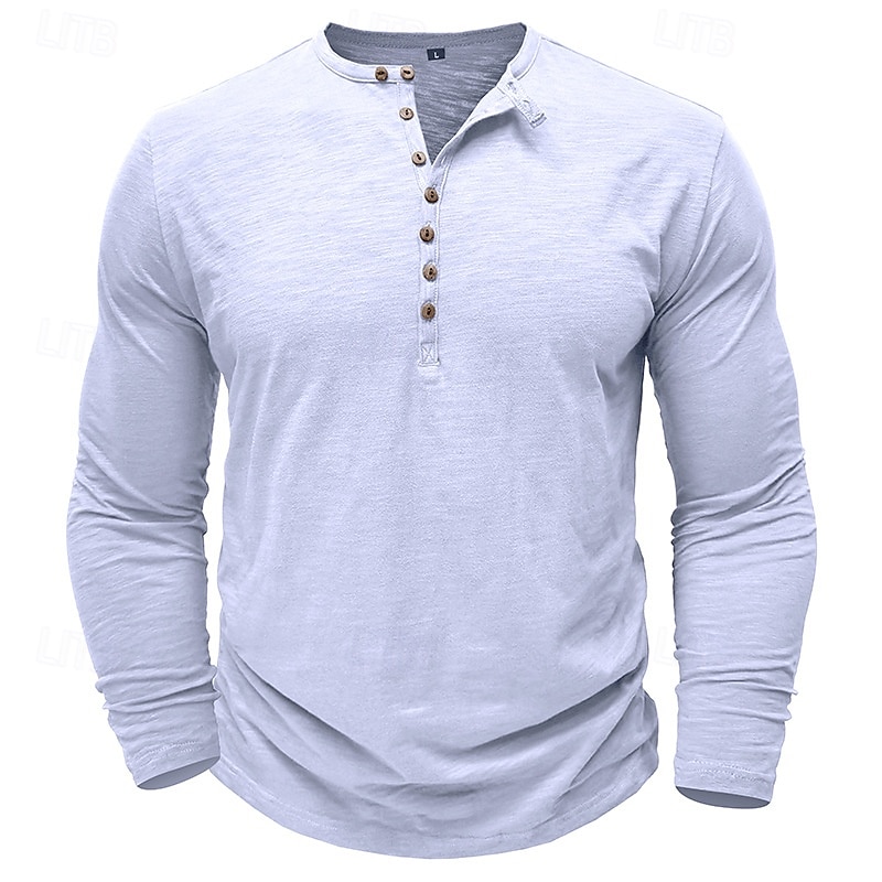 100% bawełniana męska koszulka henley koszulka z długim rękawem koszula z długim rękawem jednolity kolor modny codzienny guziki henley outdoor casual lato ciemnobrązowy wojskowa zieleń ciemnoszary henley t-shirt 2025 - $22.99 –P2