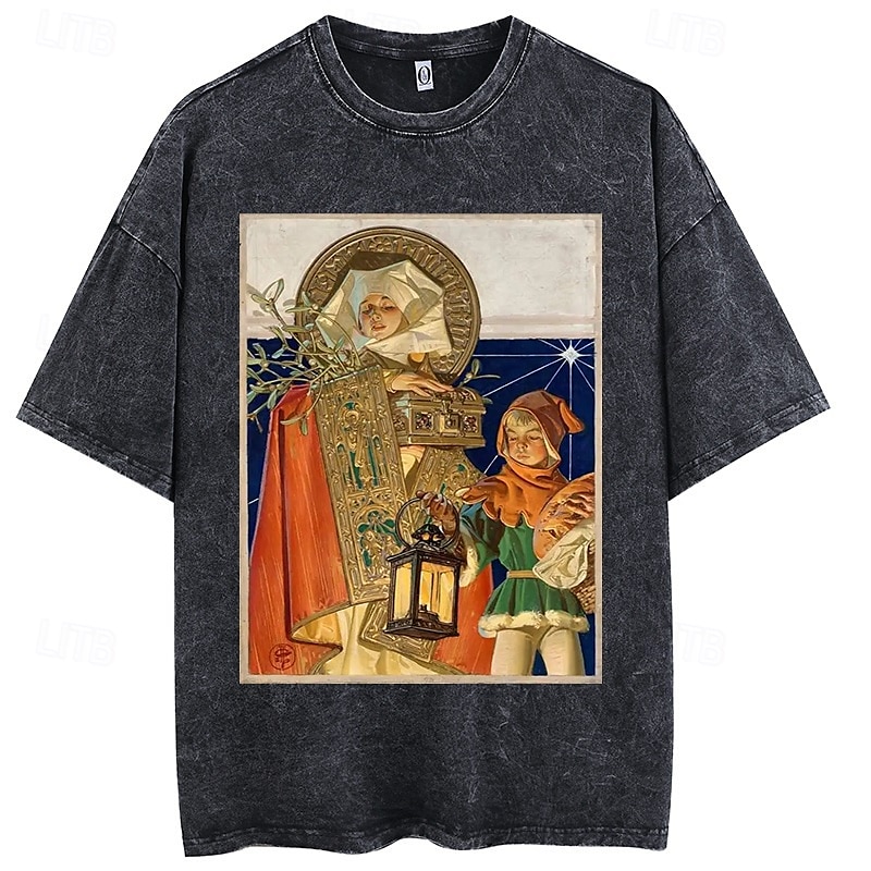Vintage Illustration T-shirt Oversized Acid Washed Tee Print Graphic For Couple's Men's Women's Adults' Acid Wash Casual Daily 2025 - $22.99 –P3