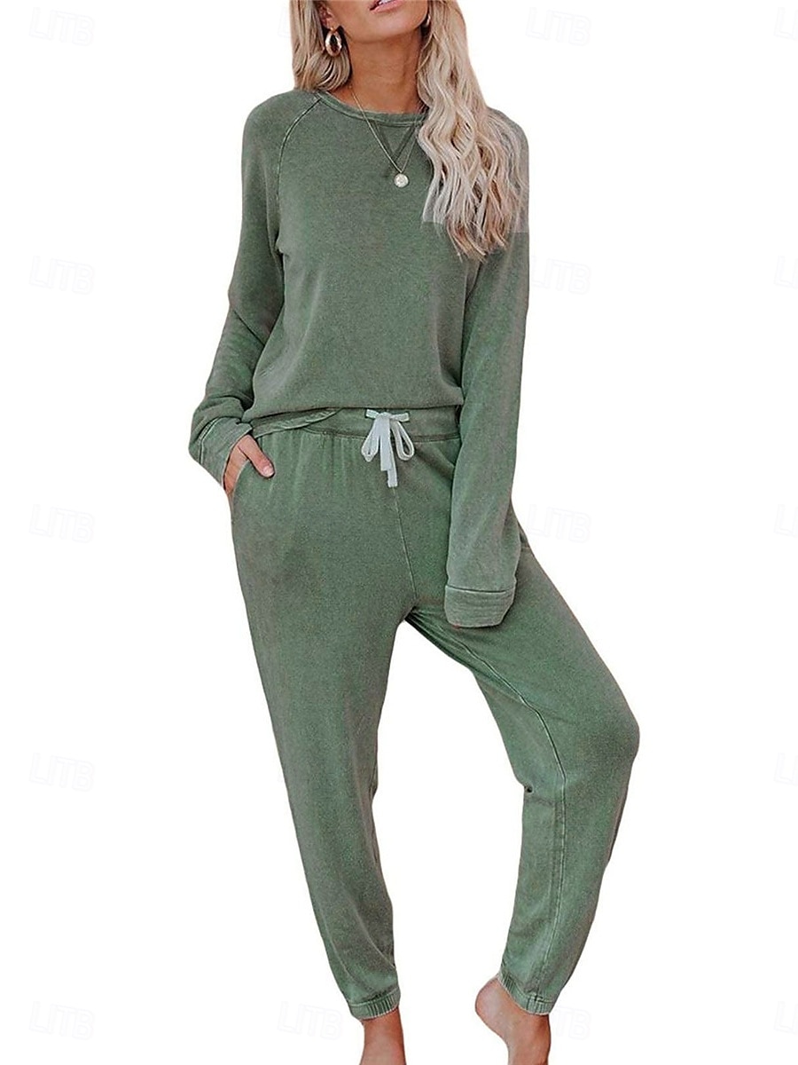 pyjamasset för kvinnor ren färg mode grundläggande komfort hem daglig säng andas rund hals långärmad byxficka resår midja höst vinter hem outfits 2025 - $36.99 –P2