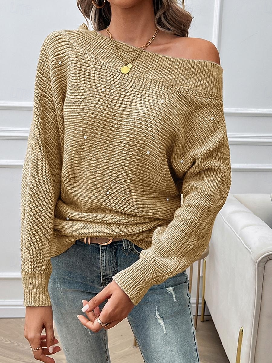 Dam Pullover tröja Mode Ledigt Ensfärgat Tjock Över axeln Pärlor Drop Shoulder Långärmad Vanliga toppar Sticka Dagligen Kaki Grå Vår Höst 2025 - $35.99 –P6