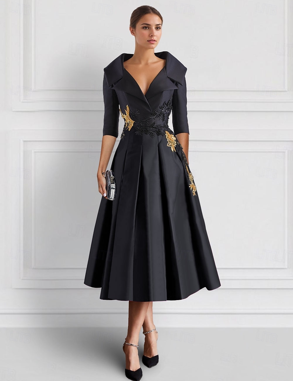 Svart Lilla Brodert A-Linje Cocktailkjoler Smokingkjole Mor til Bruden Elegant Formell Ankellengde 3/4 Lengde Erme Skjortekrage Lomme Satin med Applikasjoner 2025 2025 - $139.99 –P1