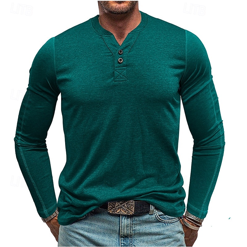 Herren T-Shirt mit Knöpfen T Shirt Henley Hemd T-Shirt Langarm Henley Frühling & Herbst Einfach Mode Designer Basic Urlaub Straße Ausgehen Meerblau Wein Blau Top T-Shirt für Herren 2025 - $26.99 –P16