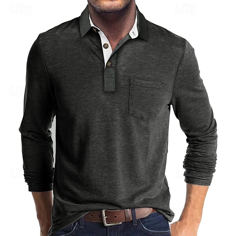 Herr Golftröja golfpolo Arbete Ledigt Kavajslag Långärmad Grundläggande Modern Ensfärgat Knapp Ficka Vår & Höst Normal Vin Aprikos Svart Vit Mörkröd Gul Golftröja 2025 - $21.99 –P7