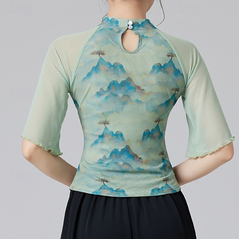 Latinské tance Vrchní deska Barevně dělené Tyl Dámské Výkon Trénink Poloviční rukáv Vysoký Polyester 2025 - $29.99 –P1