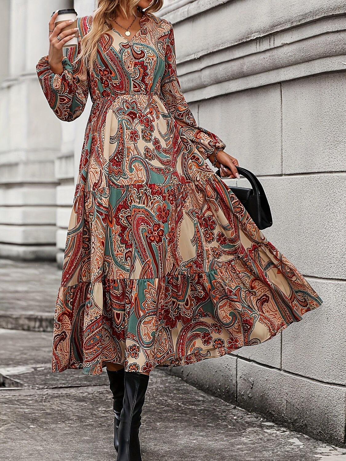 Femme Robe Maxi Robe casual robe boheme Décontractées du quotidien Ample Graphic manche longue Col V Marron Printemps Automne de 2025 ? $41.99 –P4