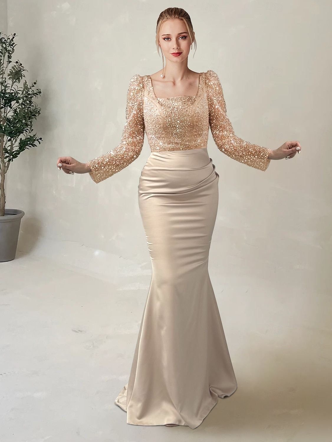 Meerjungfrau Abendkleid Elegantes Kleid Formelles Bodenk Länge Langarm Illusion-Ausschnitt Champagner Mutter der Braut Kleid Pailletten mit Perlen Überrock 2025 2025 - $230.99 –P4