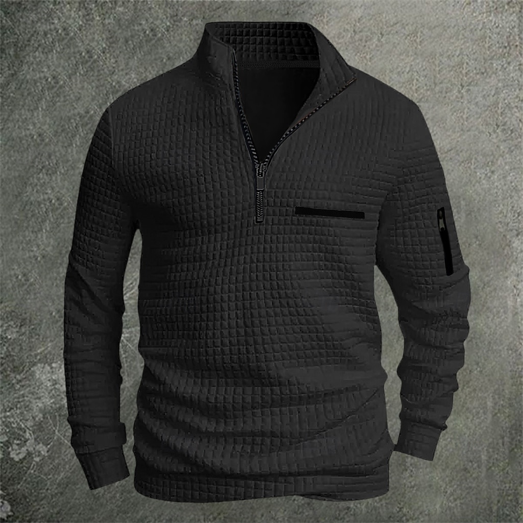 2025年 男性用 ワッフルポロシャツ Pullover スポーツ デイリーウェア クォータージップ 長袖 ファッション 快適 カラーブロック ポケット ジッパーを閉める 春 & 秋 レギュラー ブラック ホワイト ブルー オレンジ ワッフルポロシャツ コレクション – $22.99 –P6