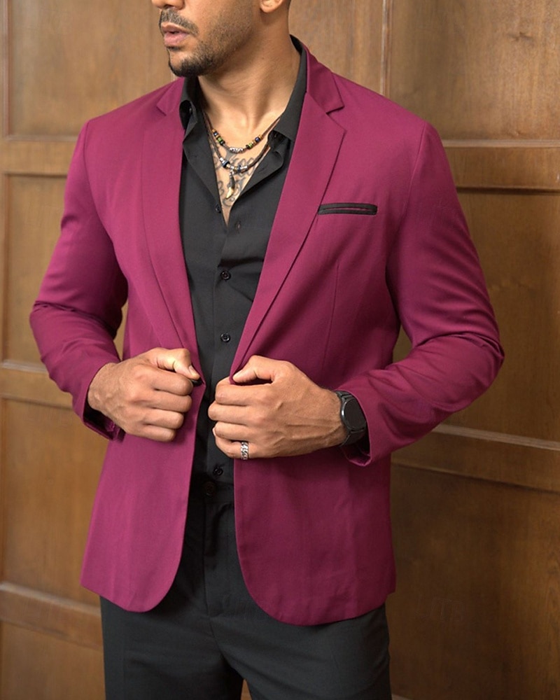 Herr Kavaj Företag Cocktailfest Bröllopsfest Mode Ledigt Vår & Höst 65% bomull Färgblock Knapp Ficka Bekväm Enkelknäppt Blazer Vinröd 2025 - $57.99 –P4