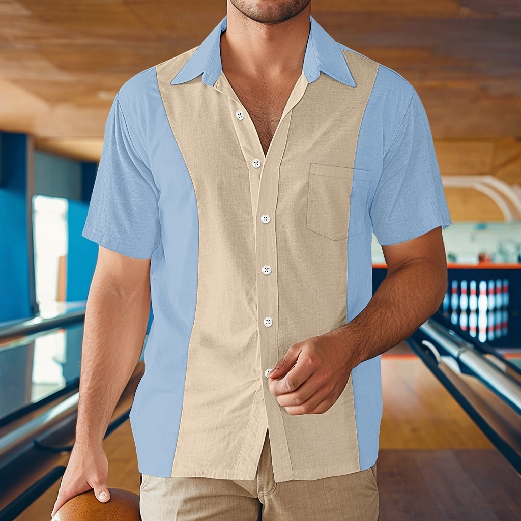 Men's Shirt Summer Shirt Beach Wear Casual Shirt Bowling Shirt Button Up Shirt Black Wine Blue Green Gray Short Sleeve Color Block Lapel Vacation Daily Front Pocket Clothing Apparel Cotton Fashion 2025 - $22.99 –P7