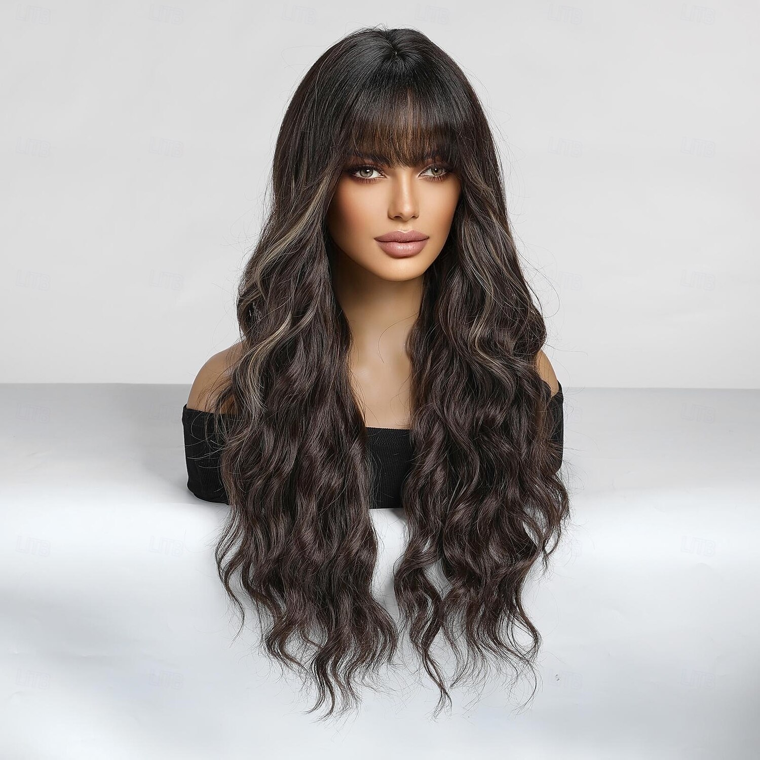 Perruque Synthétique Bouclé Ondulé Coupe Droite Avec Frange Perruque 26 pouces Brun foncé Cheveux Synthétiques Femme Cheveux Colorés Confortable Avec des franges Marron clair de 2025 ? $27.99 –P4