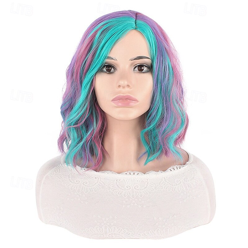 parrucche sintetiche corte da donna resistenti al calore capelli ricci parte centrale parrucca multicolore arcobaleno blu arancione sfumata del 2026 a $15.49 –P6