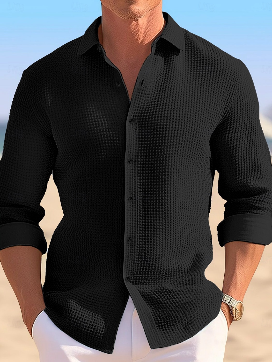 Men's Shirt Waffle Shirt Summer Shirt Casual Shirt Button Up Shirt Untucked Shirts Black White khaki Light Blue Long Sleeve Plain Lapel Vacation Daily Clothing Apparel Cotton Fashion Casual 2025 - $25.99 –P6