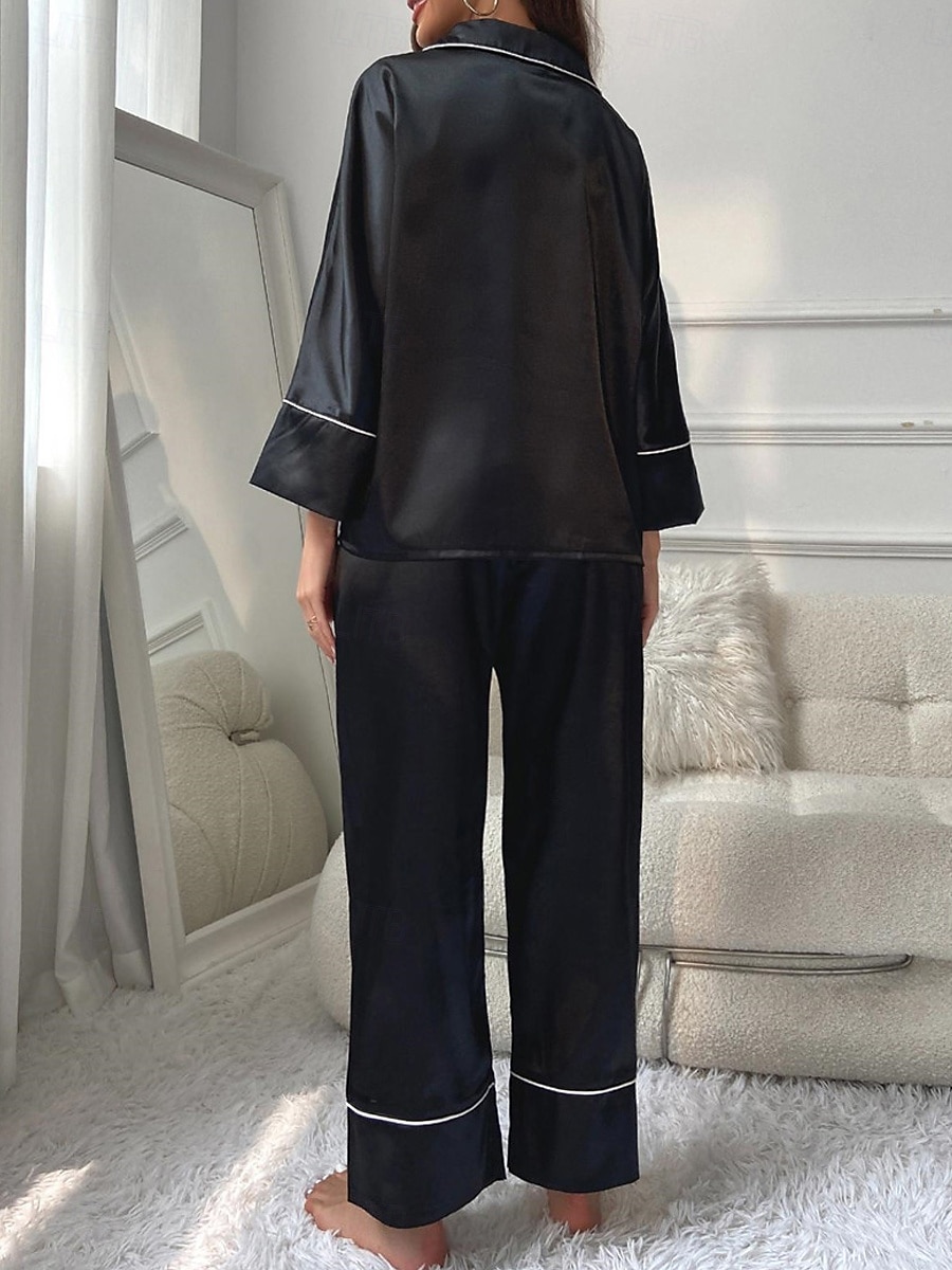 dames pyjama sets pure kleur mode comfort thuis dagelijks bed imitatie zijde zijde ademend revers lange mouw shirt broek knoop zak herfst thuis outfits 2025 - $27.99 –P12