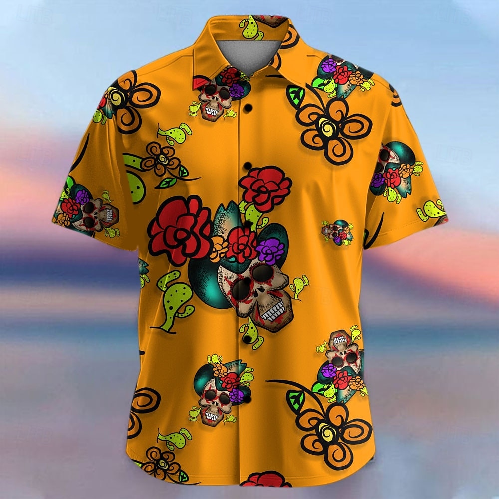 Men's Floral Skull Tropical Flowers Summer Hawaiian Shirt Button Up Shirt Aloha Shirt Short Sleeve Shirt Collared Shirts Hawaiian Casual Vacation Party Evening Wear Daily Purple Fuchsia Orange S M L 2025 - $22.99 –P1