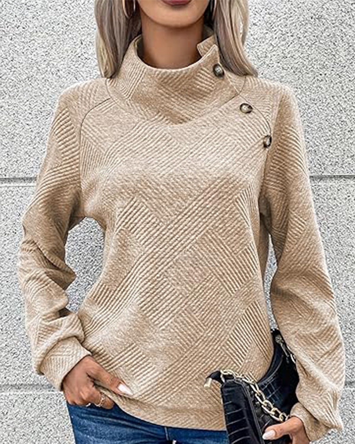 designergenser for kvinner mote moderne ensfarget jobb med turtleneck knapper løs passform langermet svart beige grå høst vinter 2025 - $35.99 –P5