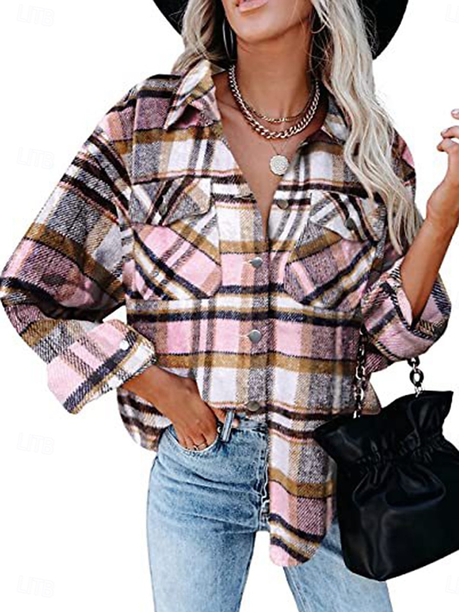 Damen Bluse Plaid Brautkleider schlicht Langarm V Ausschnitt Täglich Rosa Blau Grau Frühling Herbst 2025 - $39.99 –P4