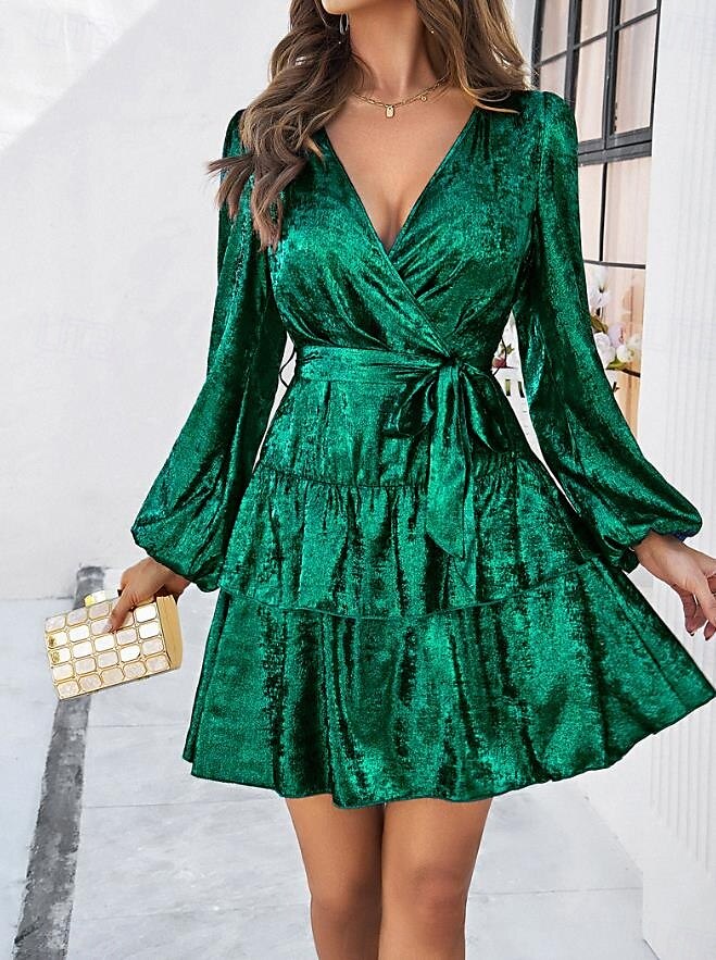 Women's Layered Bow Waist Dress Mini Dress Puff Sleeve Elegant Classic Plain V Neck Long Sleeve Wedding Guest Cocktail Party Spring Fall Black Blue 2025 - $41.99 –P1