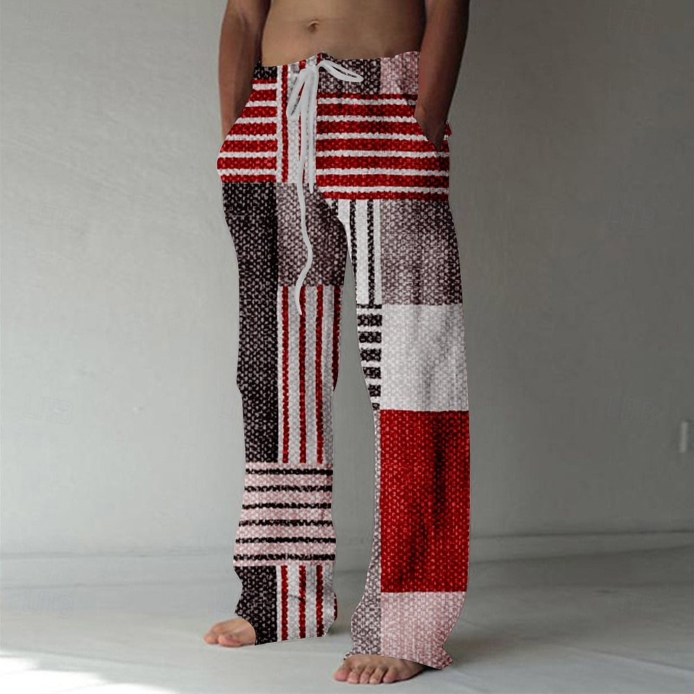 Men's Casual Pants Pocket Drawstring Straight Leg Geometric Color Block Patchwork Vacation Casual Pink Red Inelastic 2025 - $25.99 –P5